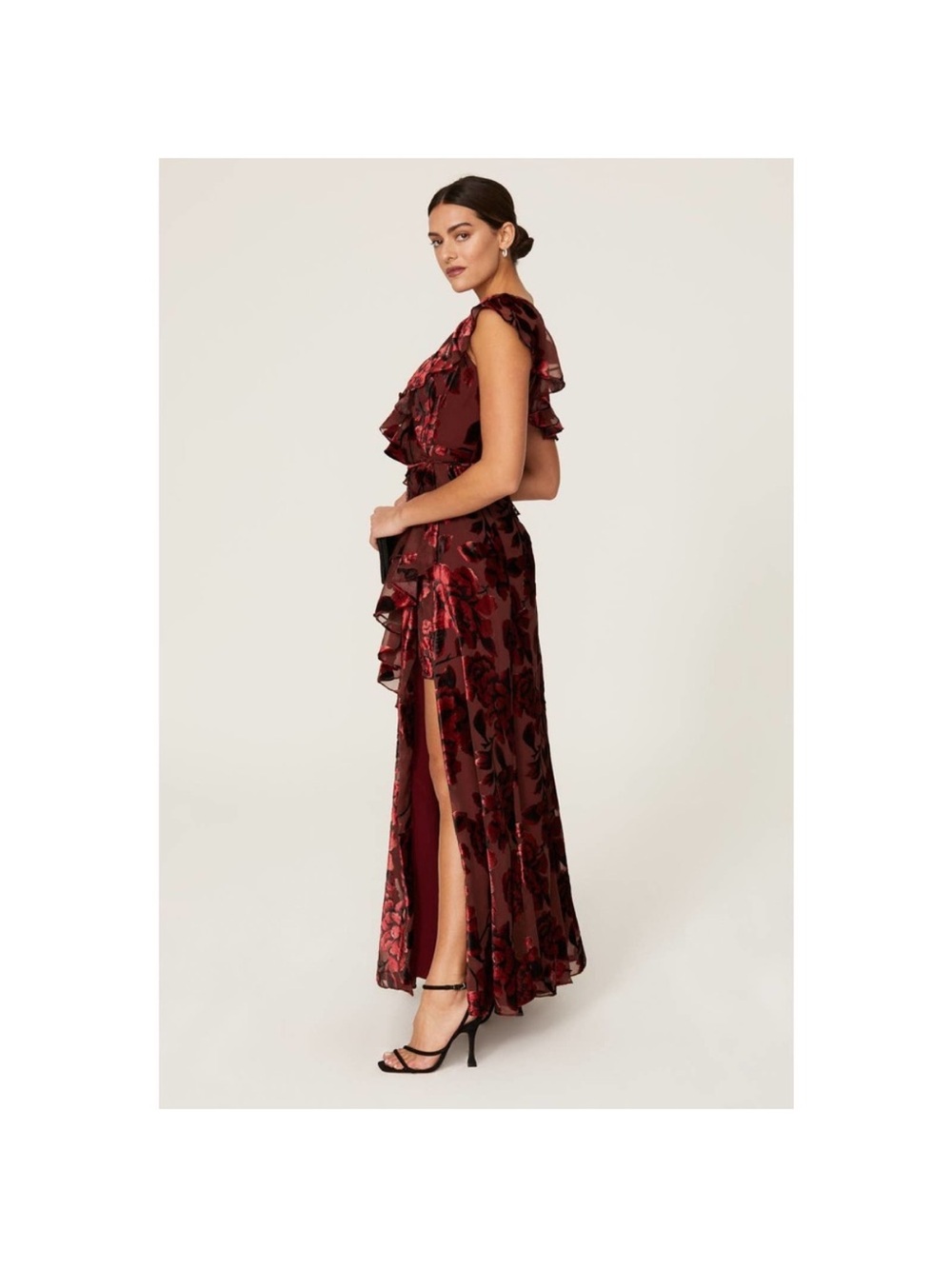 Hutch Red Velvet Ruffle Gown Wrap Floral Maxi Dress XS